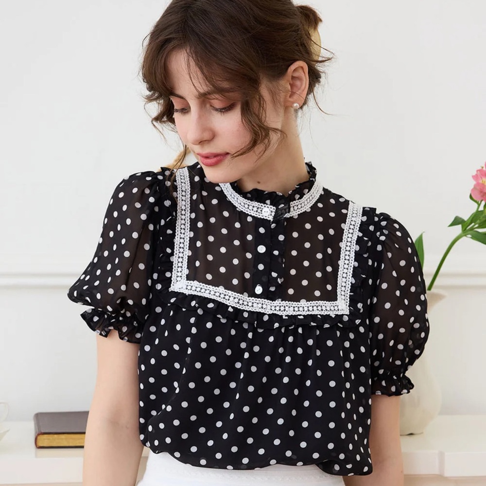 Simple Retro Chiffon Natasha Polka Dot Mock Neck
